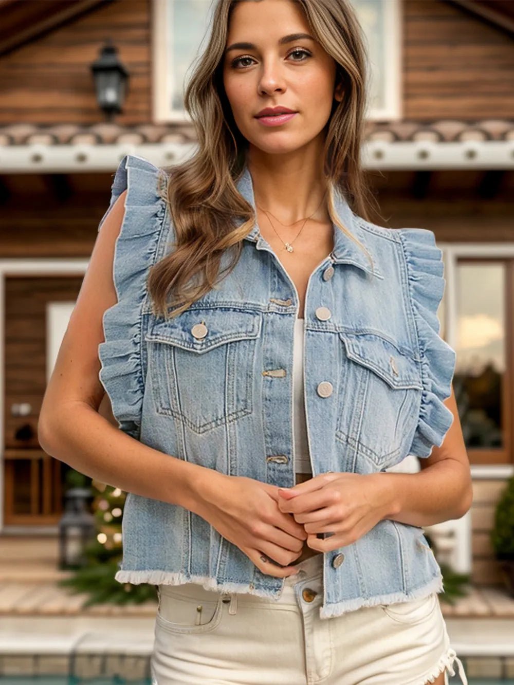 Raw Hem Ruffled Cap Sleeve Denim Jacket - TheMomCo.