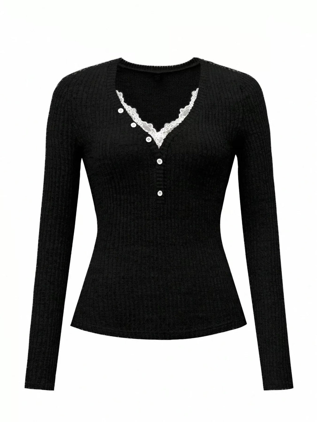 Ribbed Knit Lace Trim T-Shirt - TheMomCo.