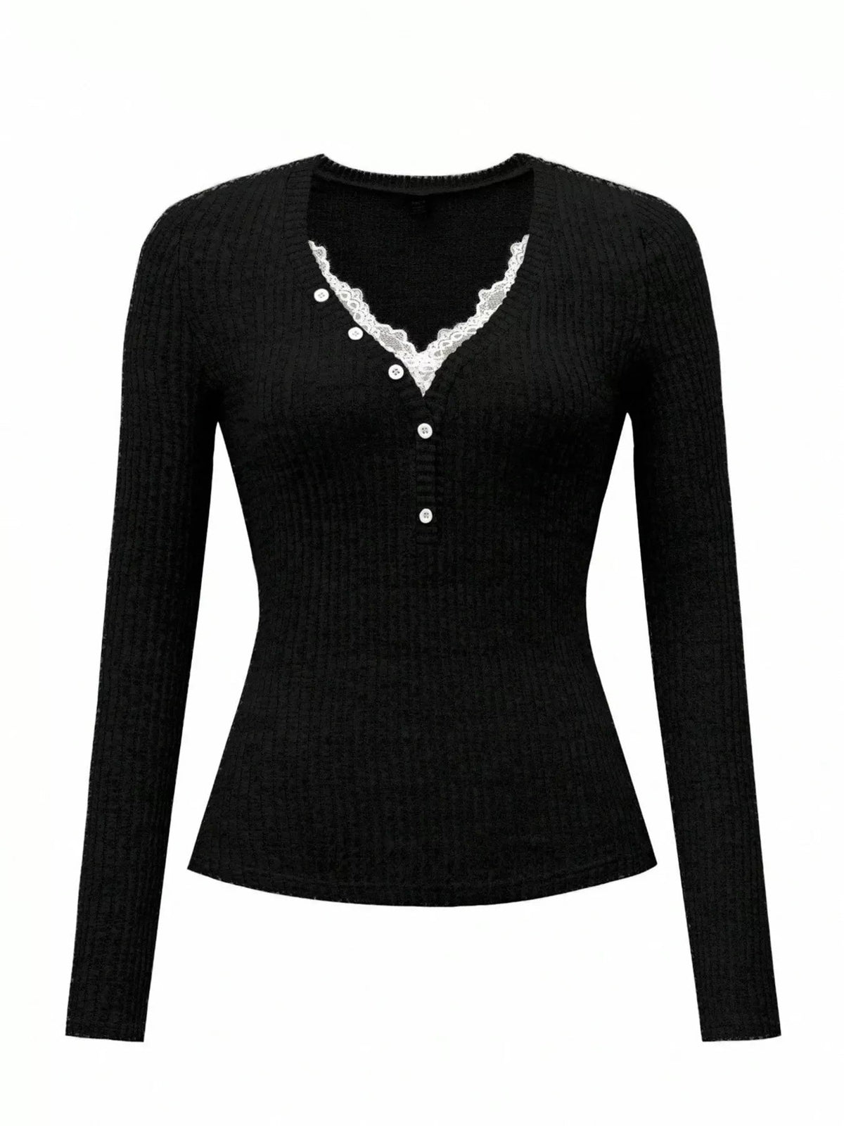 Ribbed Knit Lace Trim T-Shirt - TheMomCo.