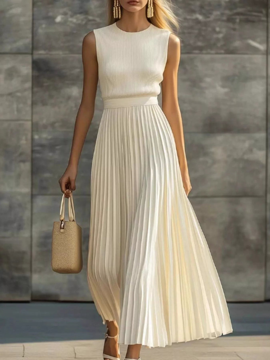 Ribbed Sleeveless Pleated Maxi Dress - TheMomCo.