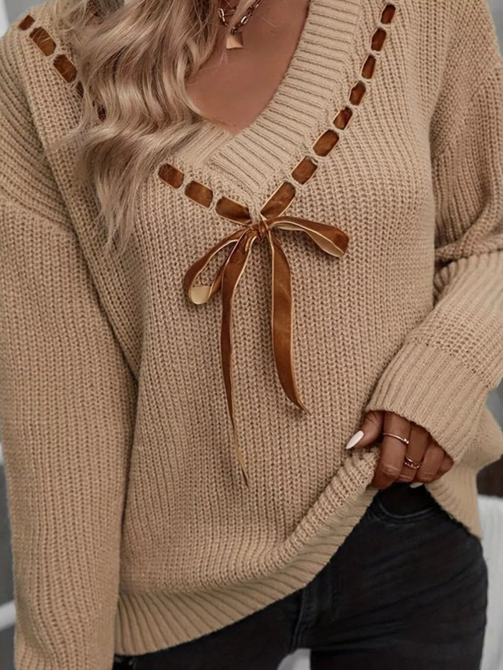 Ribbon Tie V-Neck Sweater - TheMomCo.