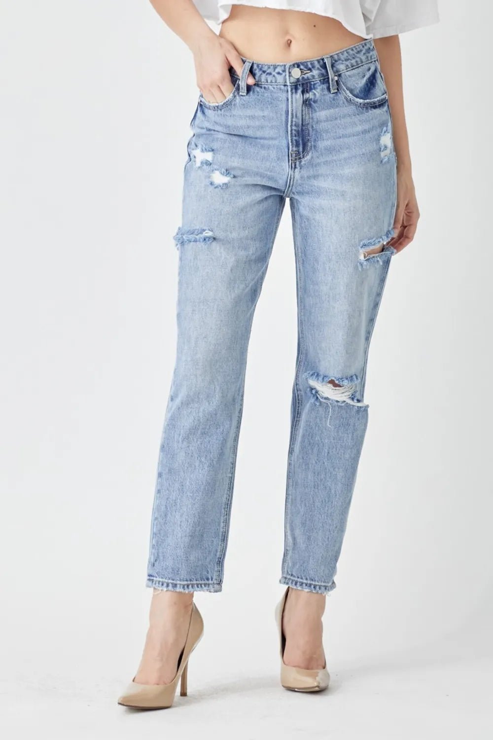 RISEN Distressed Slim Cropped Jeans - TheMomCo.