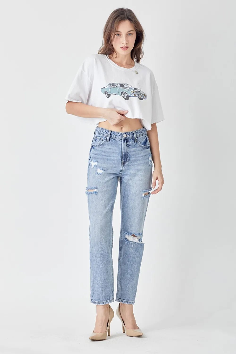 RISEN Distressed Slim Cropped Jeans - TheMomCo.