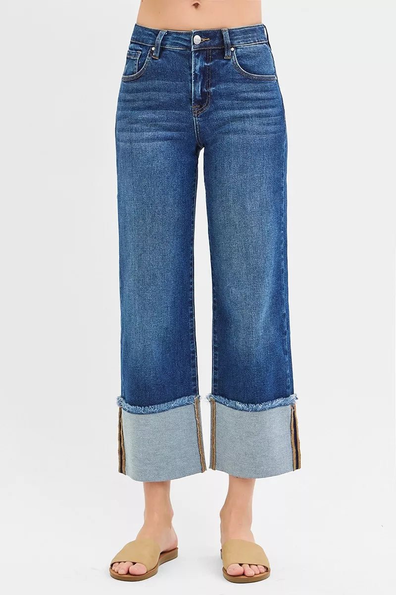 RISEN Full Size Mid Rise Crop Wide Wide Cuffed Jeans Plus Size - TheMomCo.
