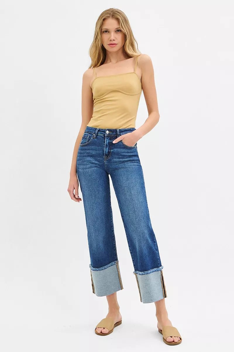 RISEN Full Size Mid Rise Crop Wide Wide Cuffed Jeans Plus Size - TheMomCo.