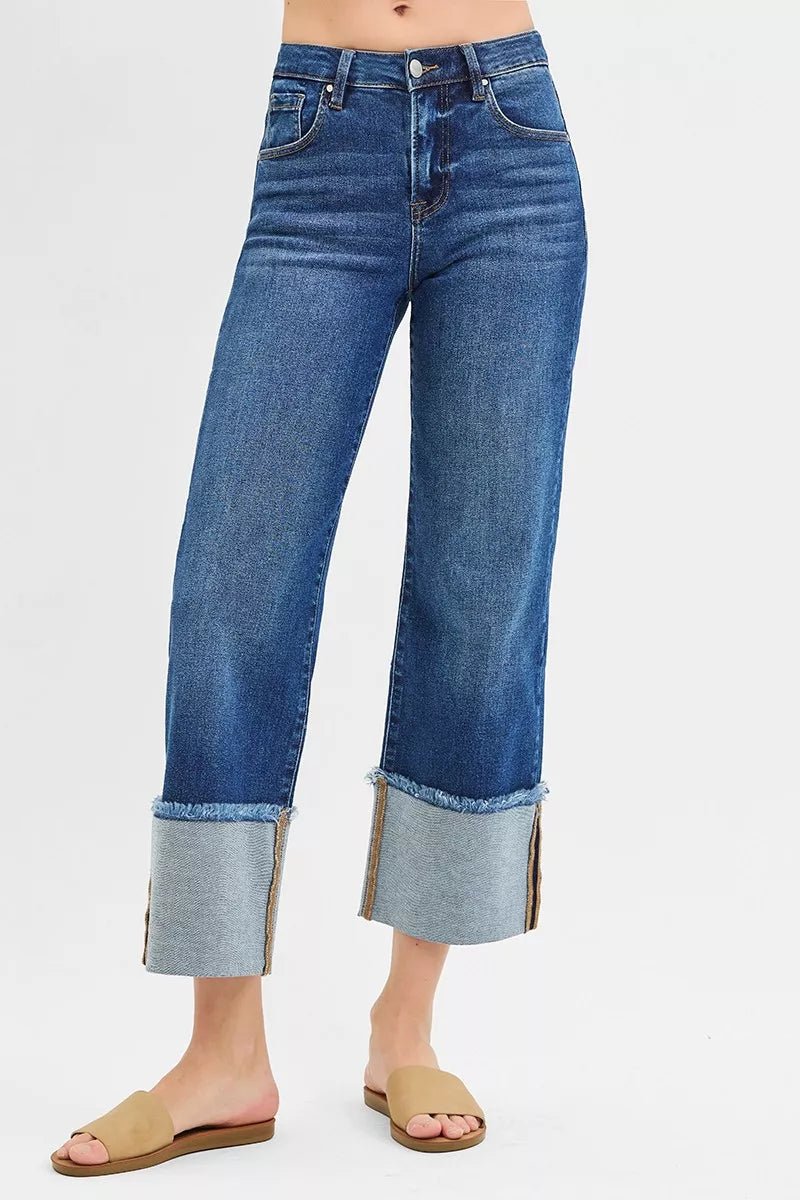 RISEN Full Size Mid Rise Crop Wide Wide Cuffed Jeans Plus Size - TheMomCo.