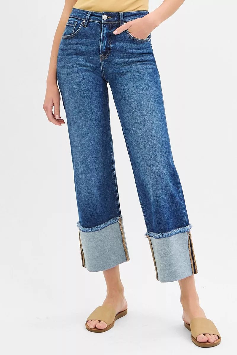 RISEN Full Size Mid Rise Crop Wide Wide Cuffed Jeans Plus Size - TheMomCo.