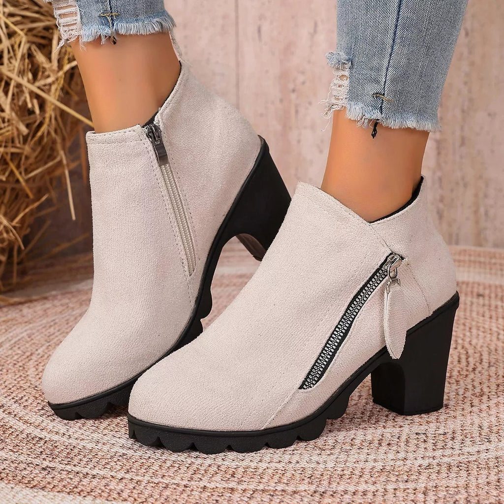 Round Toe Block Heels Boots - TheMomCo.