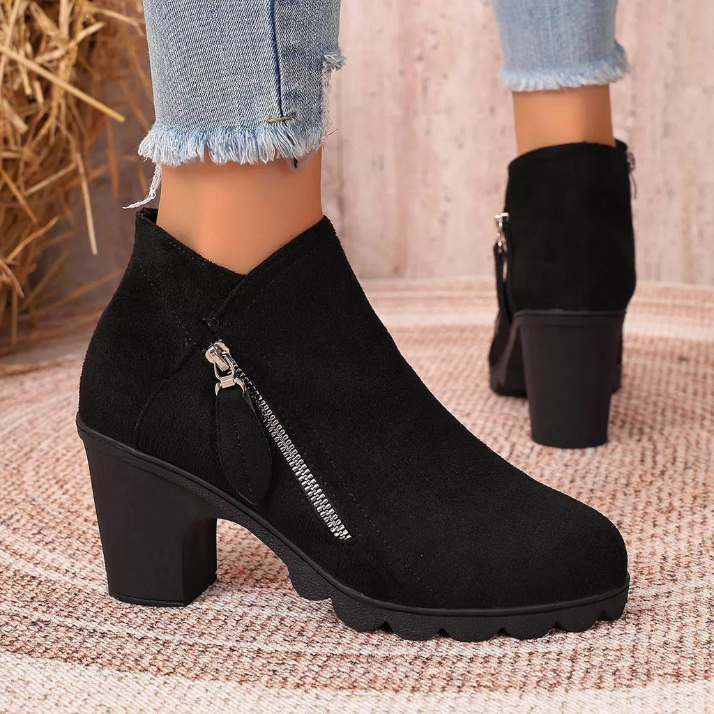 Round Toe Block Heels Boots - TheMomCo.
