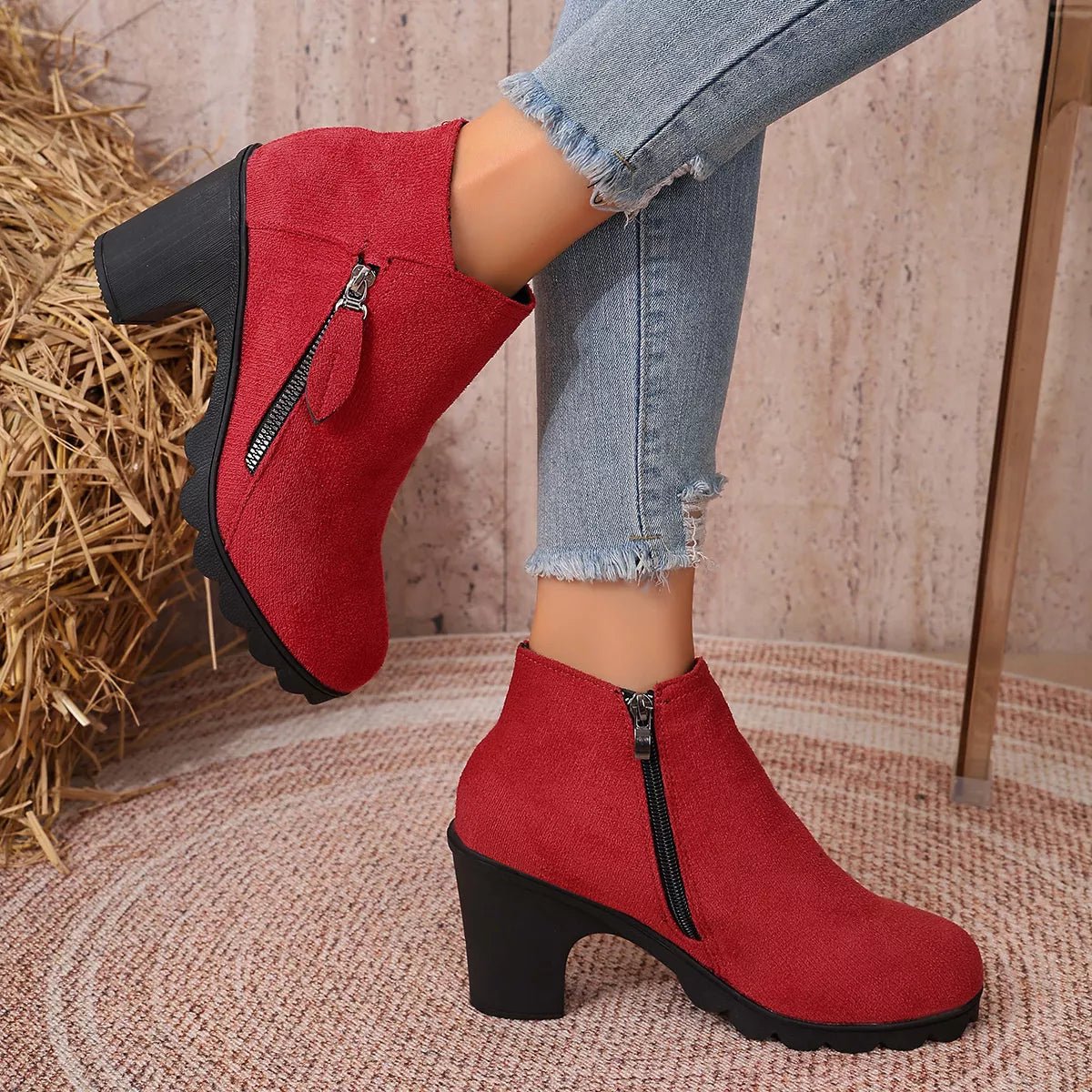 Round Toe Block Heels Boots - TheMomCo.