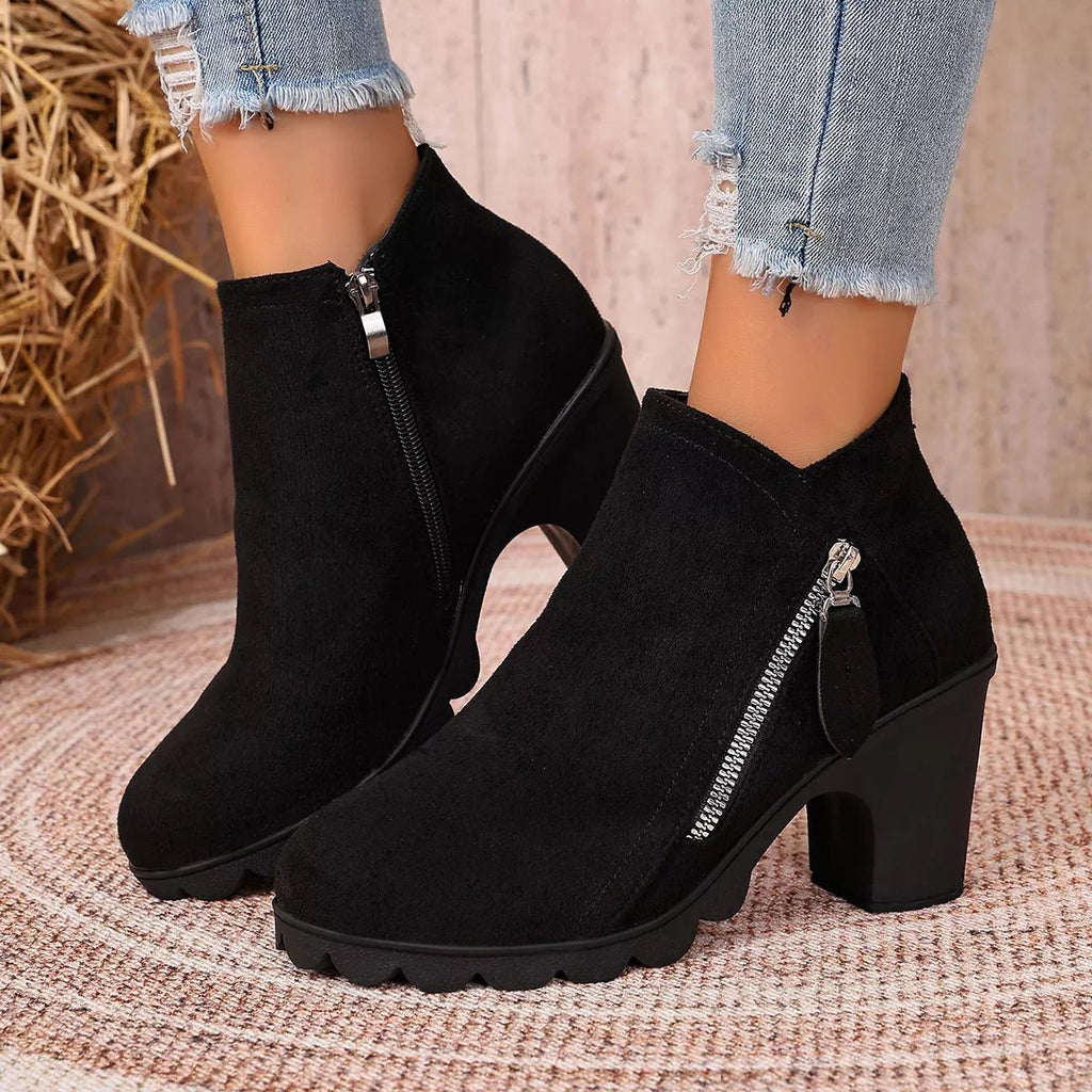 Round Toe Block Heels Boots - TheMomCo.