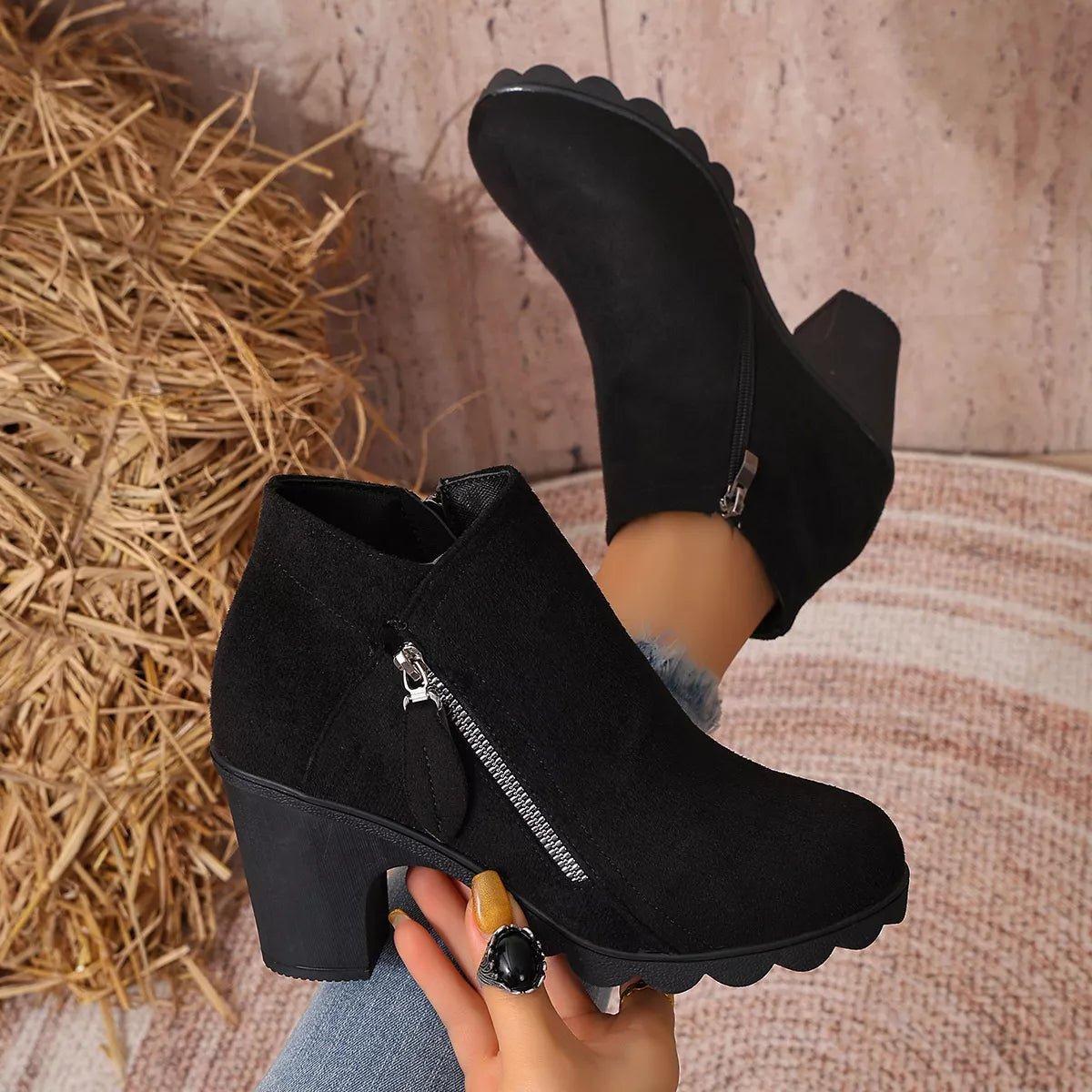 Round Toe Block Heels Boots - TheMomCo.