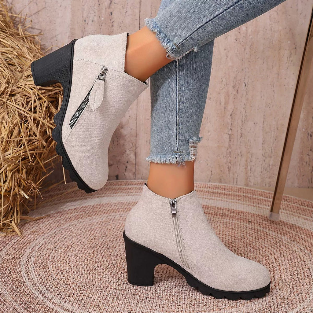 Round Toe Block Heels Boots - TheMomCo.