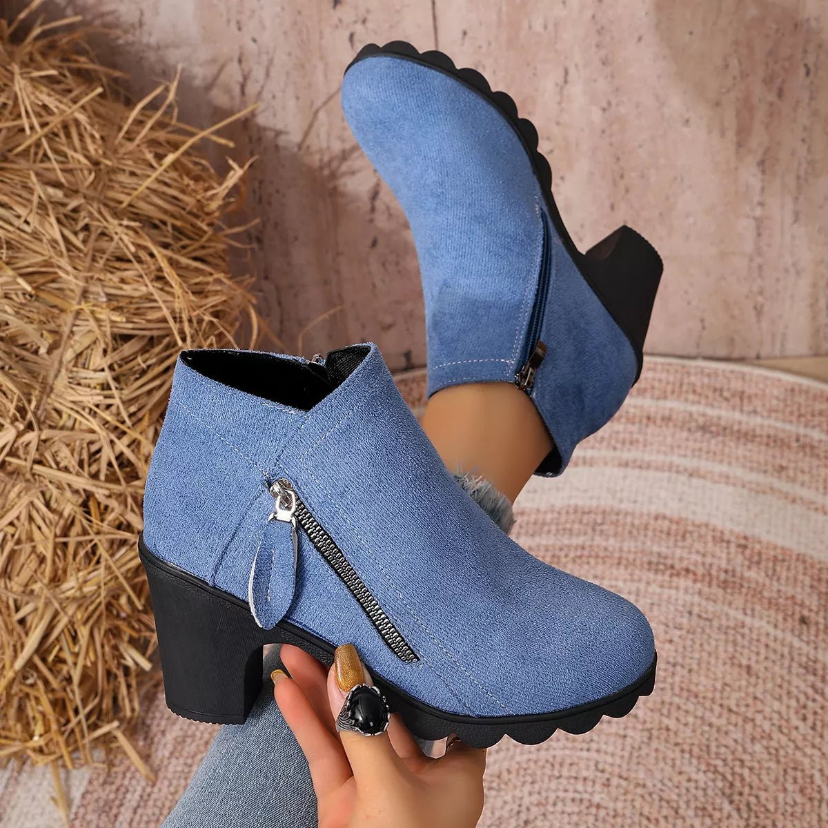 Round Toe Block Heels Boots - TheMomCo.