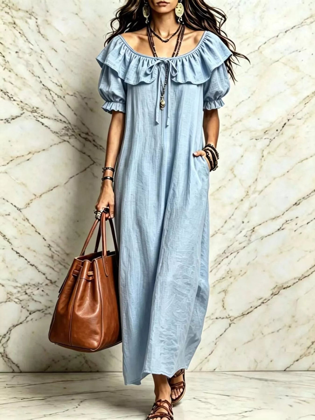 Ruffle Trim Puff Sleeve Maxi Dress - TheMomCo.