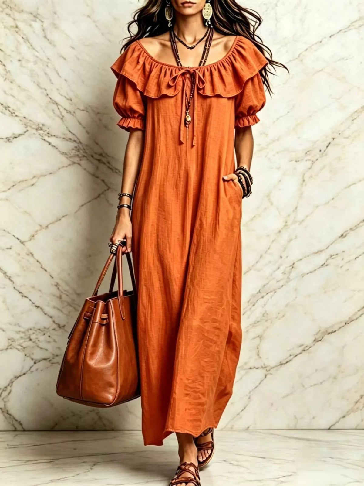 Ruffle Trim Puff Sleeve Maxi Dress - TheMomCo.
