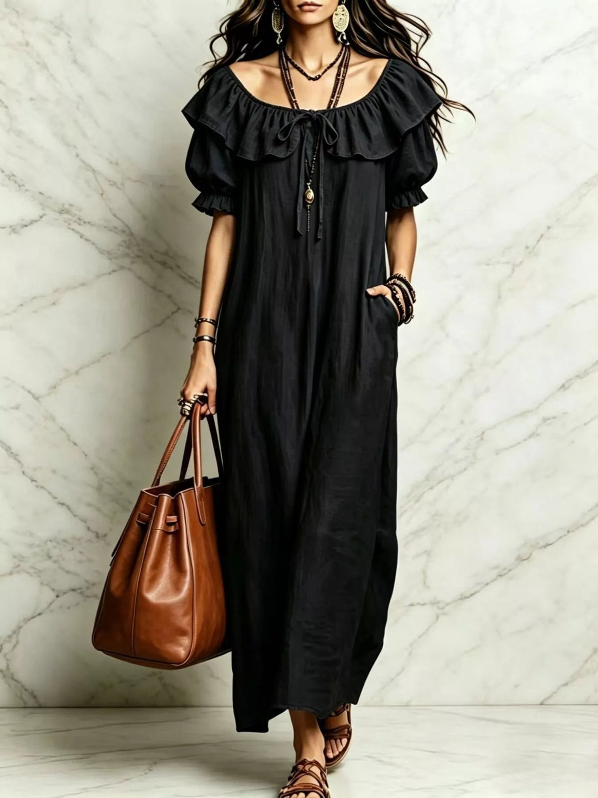 Ruffle Trim Puff Sleeve Maxi Dress - TheMomCo.
