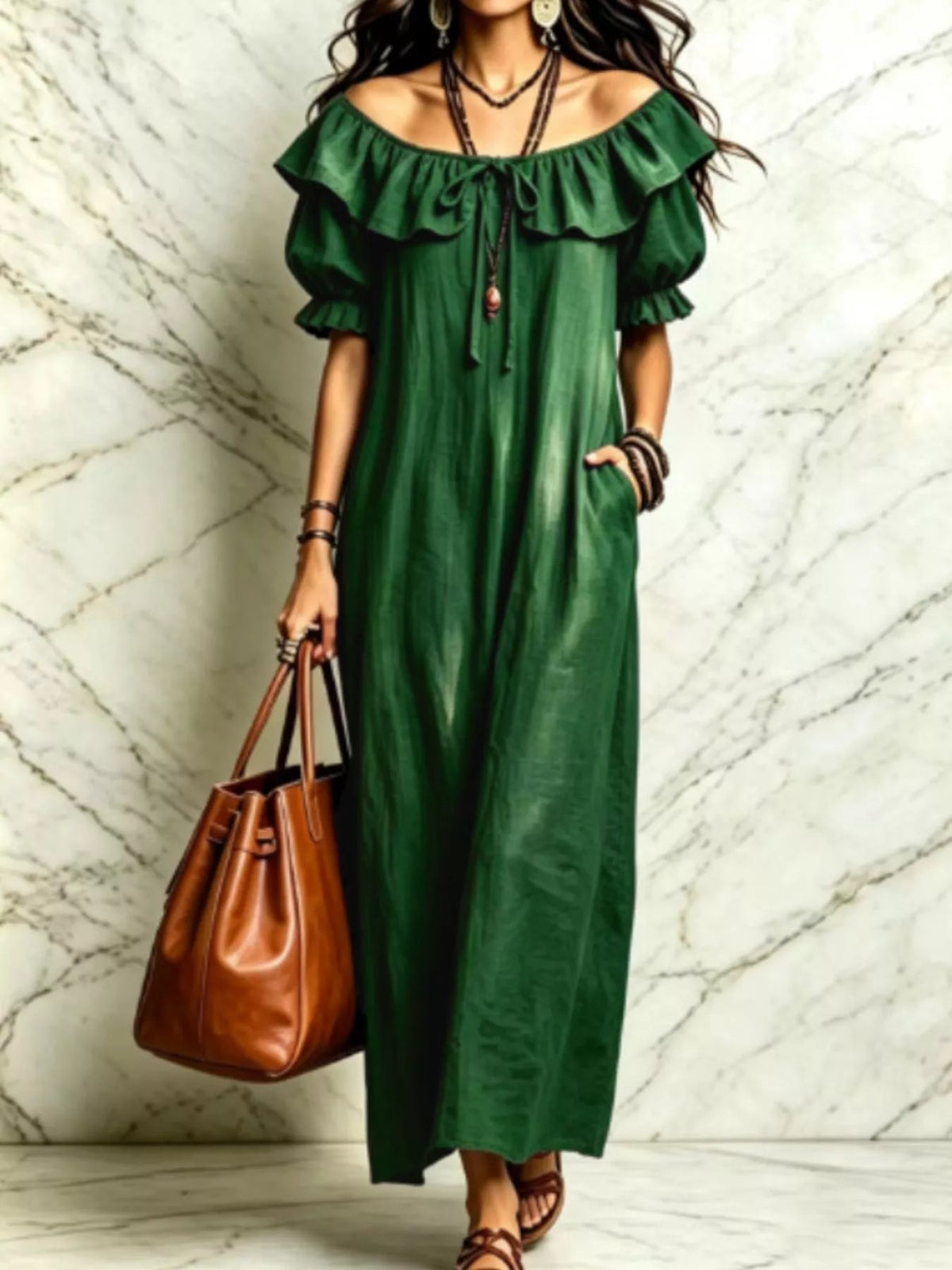 Ruffle Trim Puff Sleeve Maxi Dress - TheMomCo.
