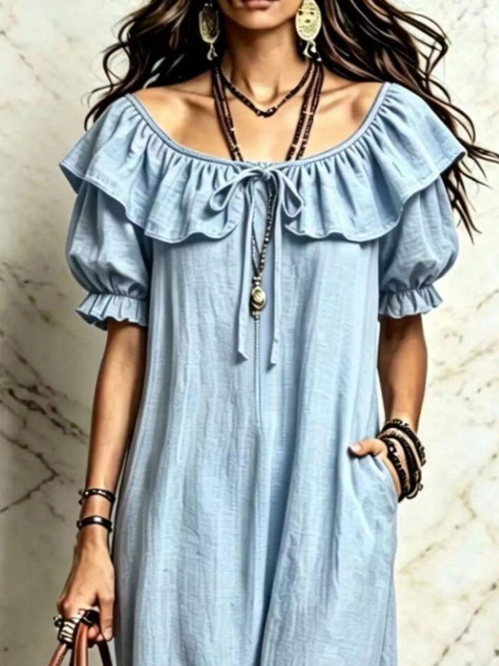 Ruffle Trim Puff Sleeve Maxi Dress - TheMomCo.