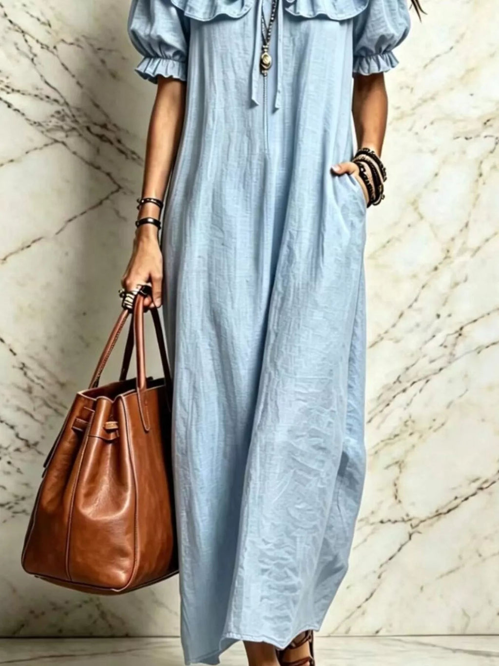 Ruffle Trim Puff Sleeve Maxi Dress - TheMomCo.