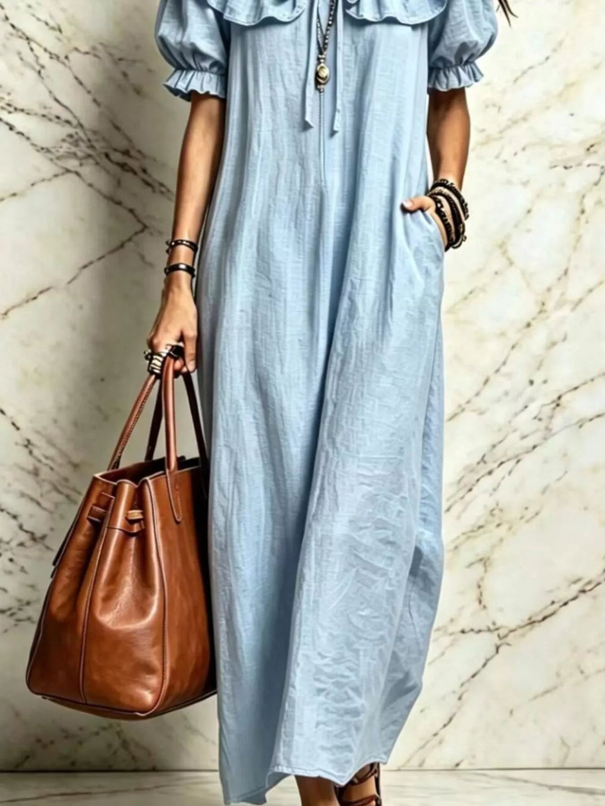Ruffle Trim Puff Sleeve Maxi Dress - TheMomCo.