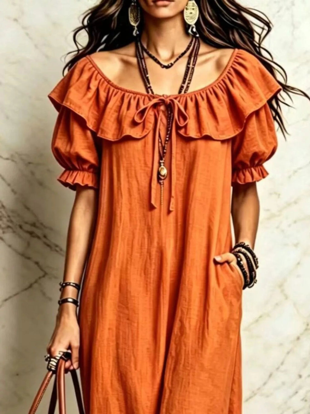 Ruffle Trim Puff Sleeve Maxi Dress - TheMomCo.