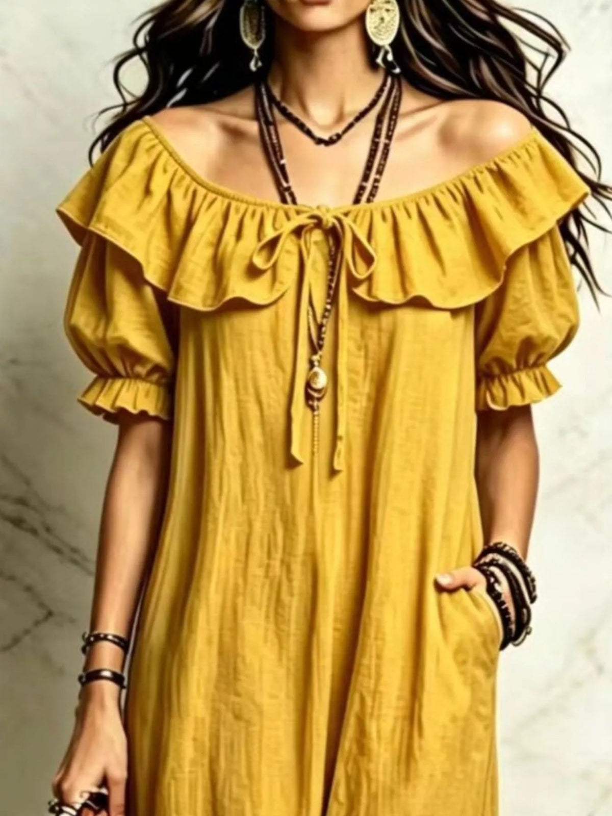 Ruffle Trim Puff Sleeve Maxi Dress - TheMomCo.