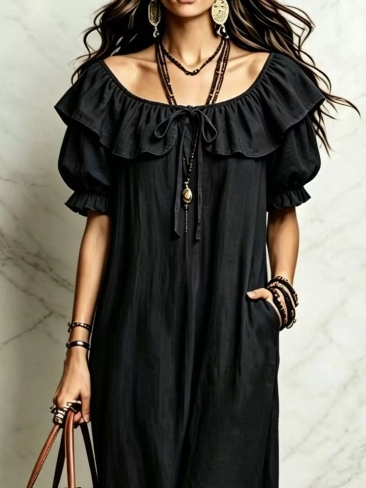 Ruffle Trim Puff Sleeve Maxi Dress - TheMomCo.