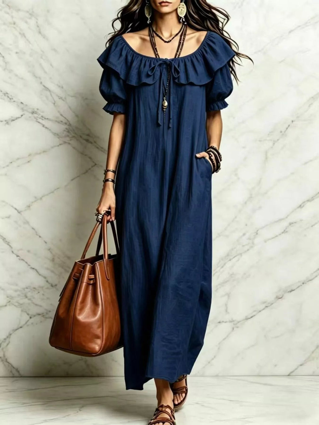 Ruffle Trim Puff Sleeve Maxi Dress - TheMomCo.