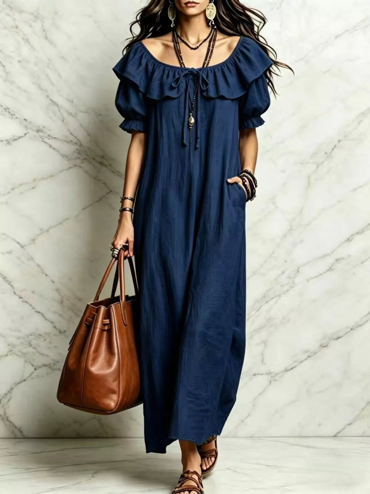 Ruffle Trim Puff Sleeve Maxi Dress - TheMomCo.