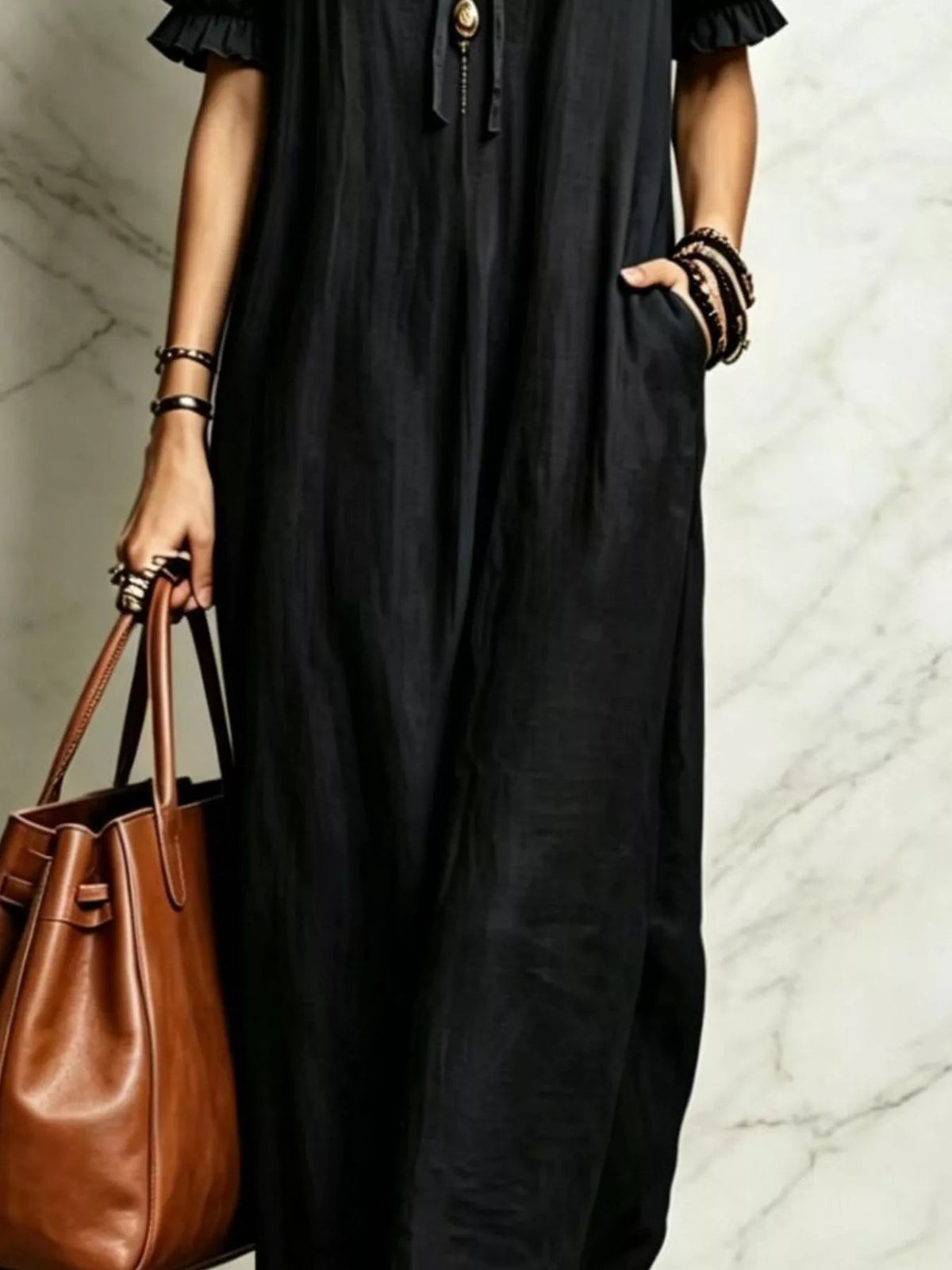 Ruffle Trim Puff Sleeve Maxi Dress - TheMomCo.