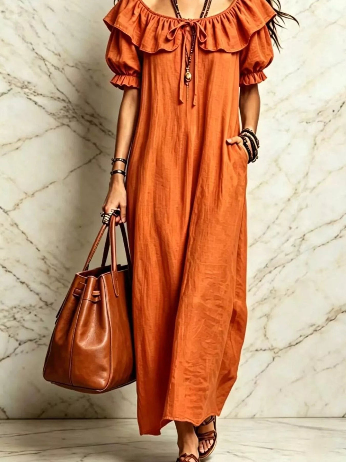 Ruffle Trim Puff Sleeve Maxi Dress - TheMomCo.