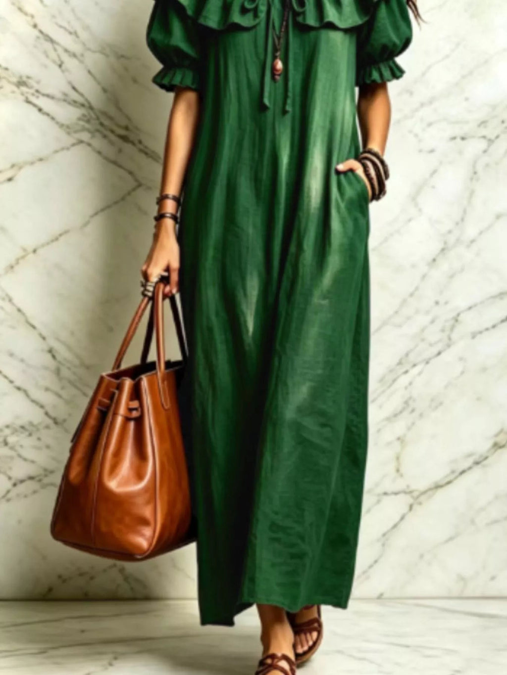 Ruffle Trim Puff Sleeve Maxi Dress - TheMomCo.