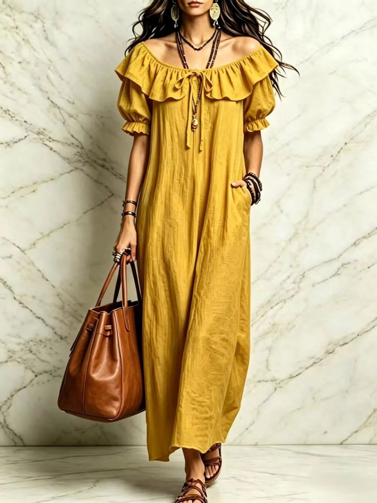 Ruffle Trim Puff Sleeve Maxi Dress - TheMomCo.