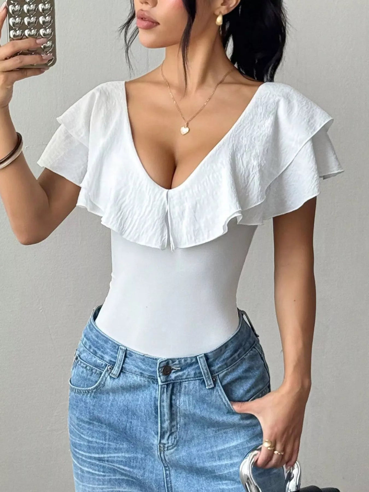 Ruffle Trim V-Neck Bodysuit - TheMomCo.