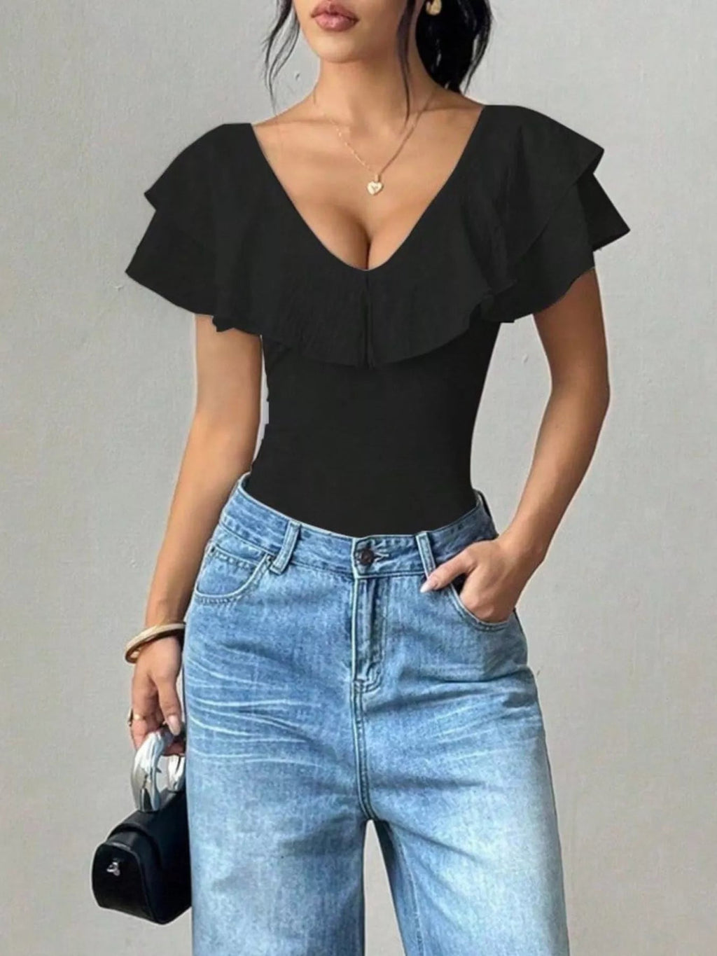 Ruffle Trim V-Neck Bodysuit - TheMomCo.