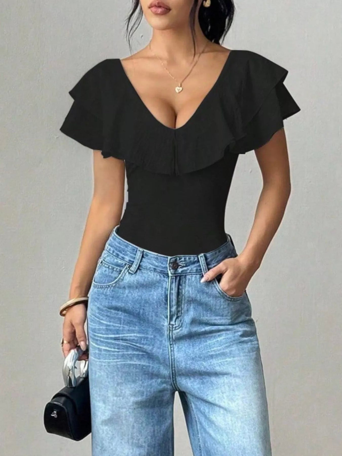 Ruffle Trim V-Neck Bodysuit - TheMomCo.