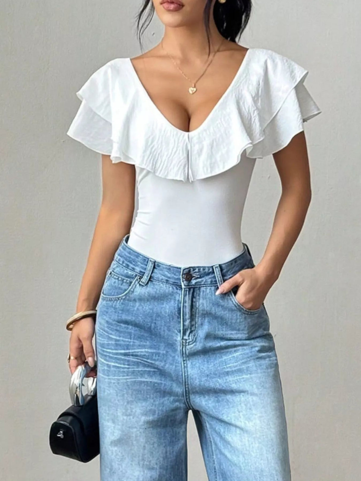 Ruffle Trim V-Neck Bodysuit - TheMomCo.