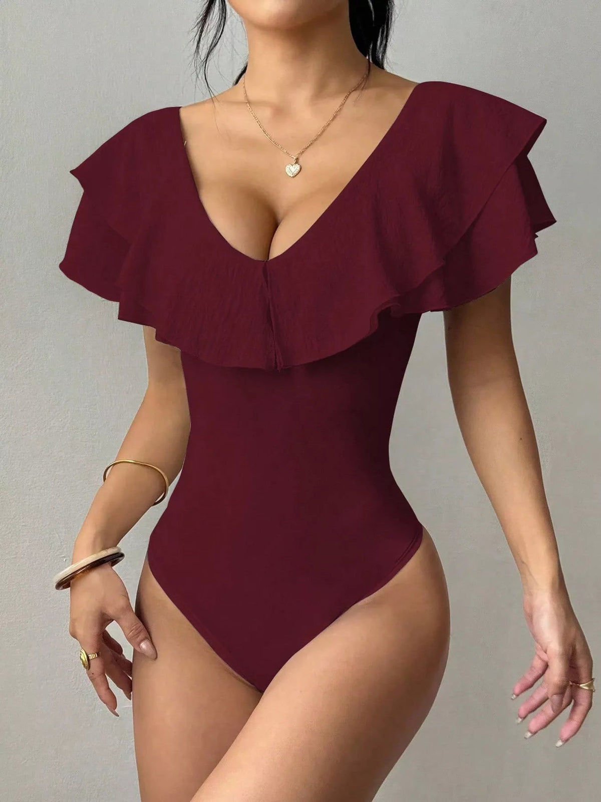 Ruffle Trim V-Neck Bodysuit - TheMomCo.