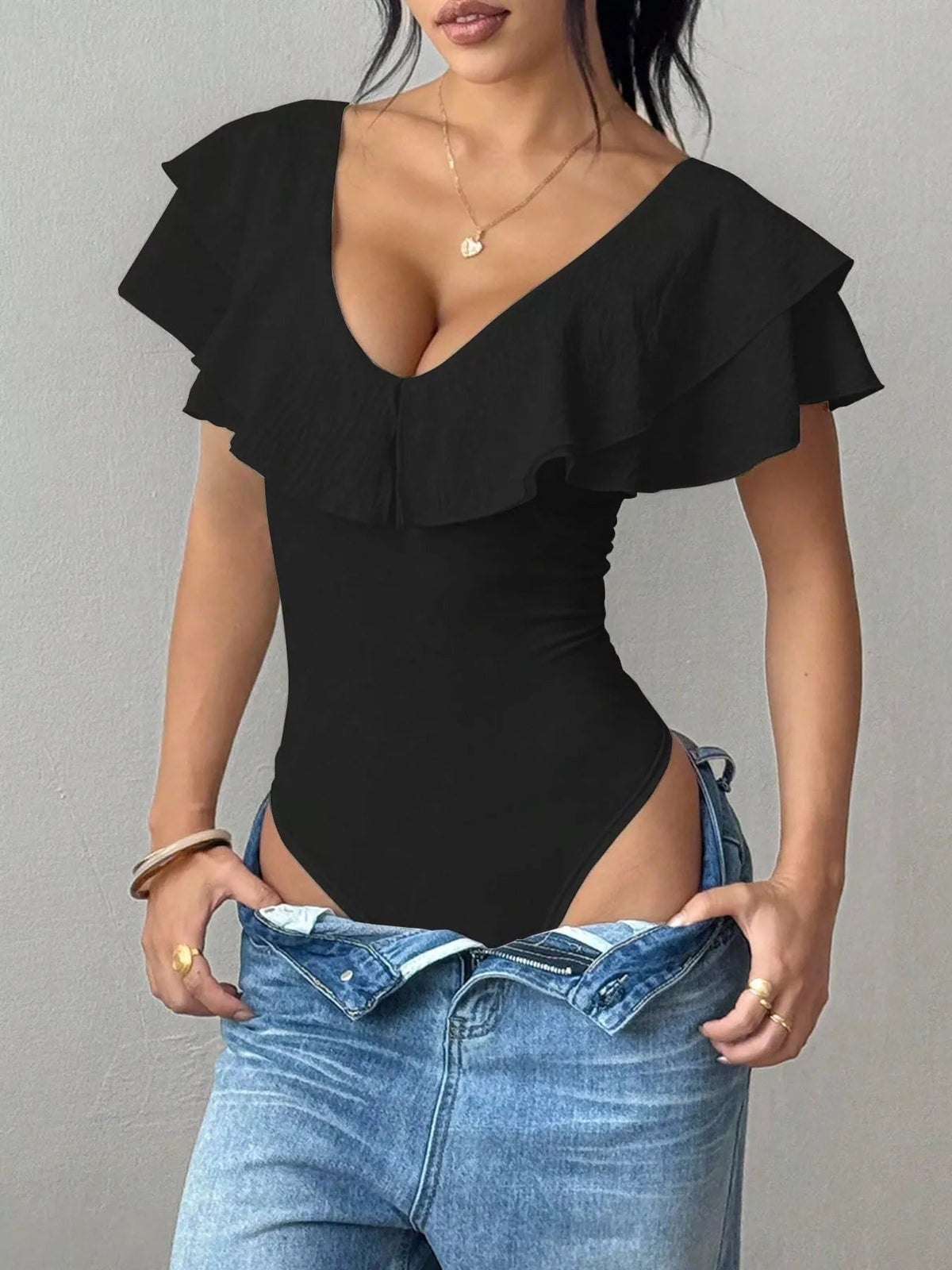 Ruffle Trim V-Neck Bodysuit - TheMomCo.