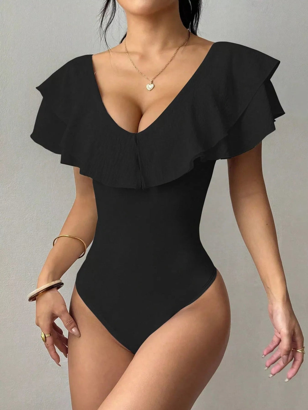 Ruffle Trim V-Neck Bodysuit - TheMomCo.