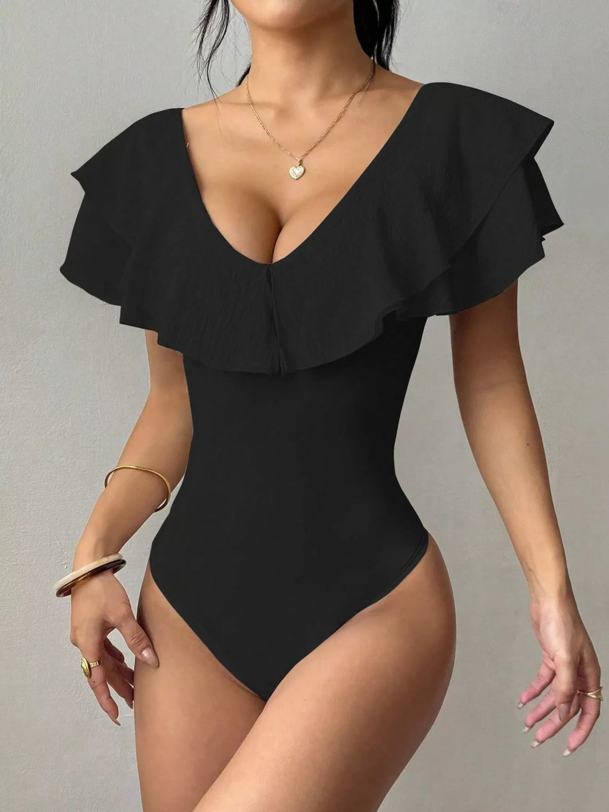 Ruffle Trim V-Neck Bodysuit - TheMomCo.