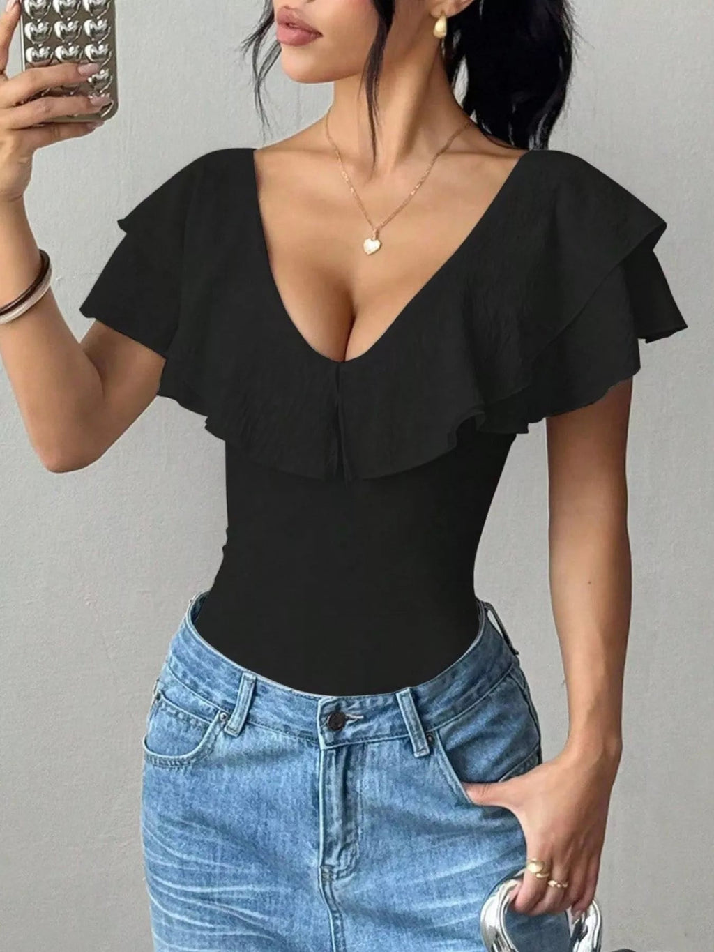 Ruffle Trim V-Neck Bodysuit - TheMomCo.