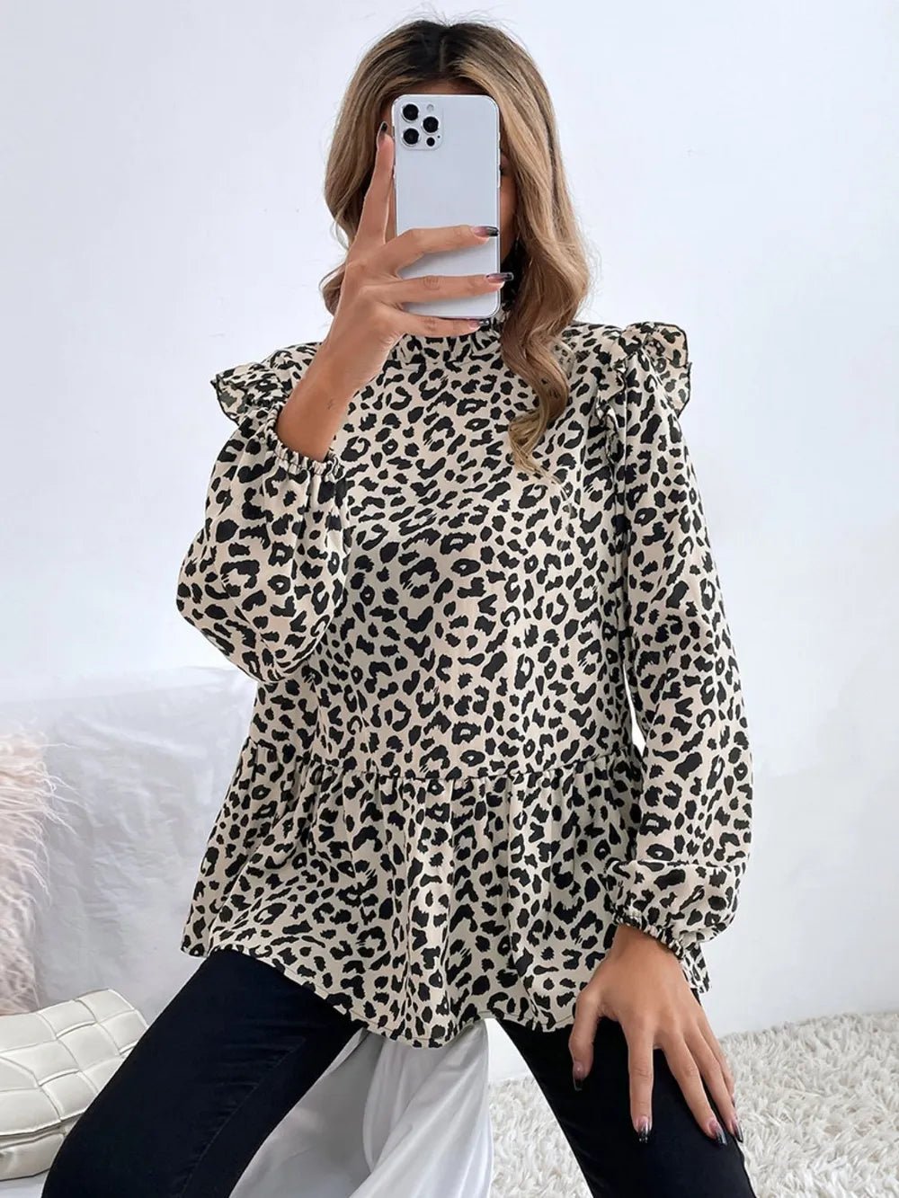 Ruffled Leopard Mock Neck Long Sleeve Blouse - TheMomCo.