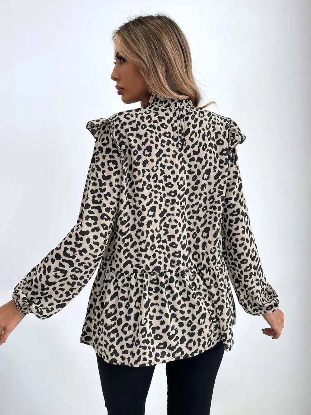 Ruffled Leopard Mock Neck Long Sleeve Blouse - TheMomCo.