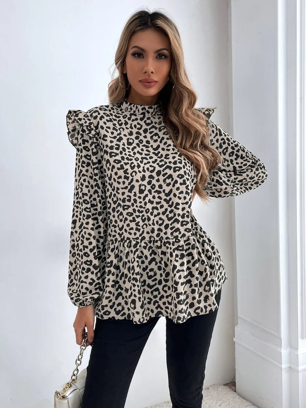 Ruffled Leopard Mock Neck Long Sleeve Blouse - TheMomCo.