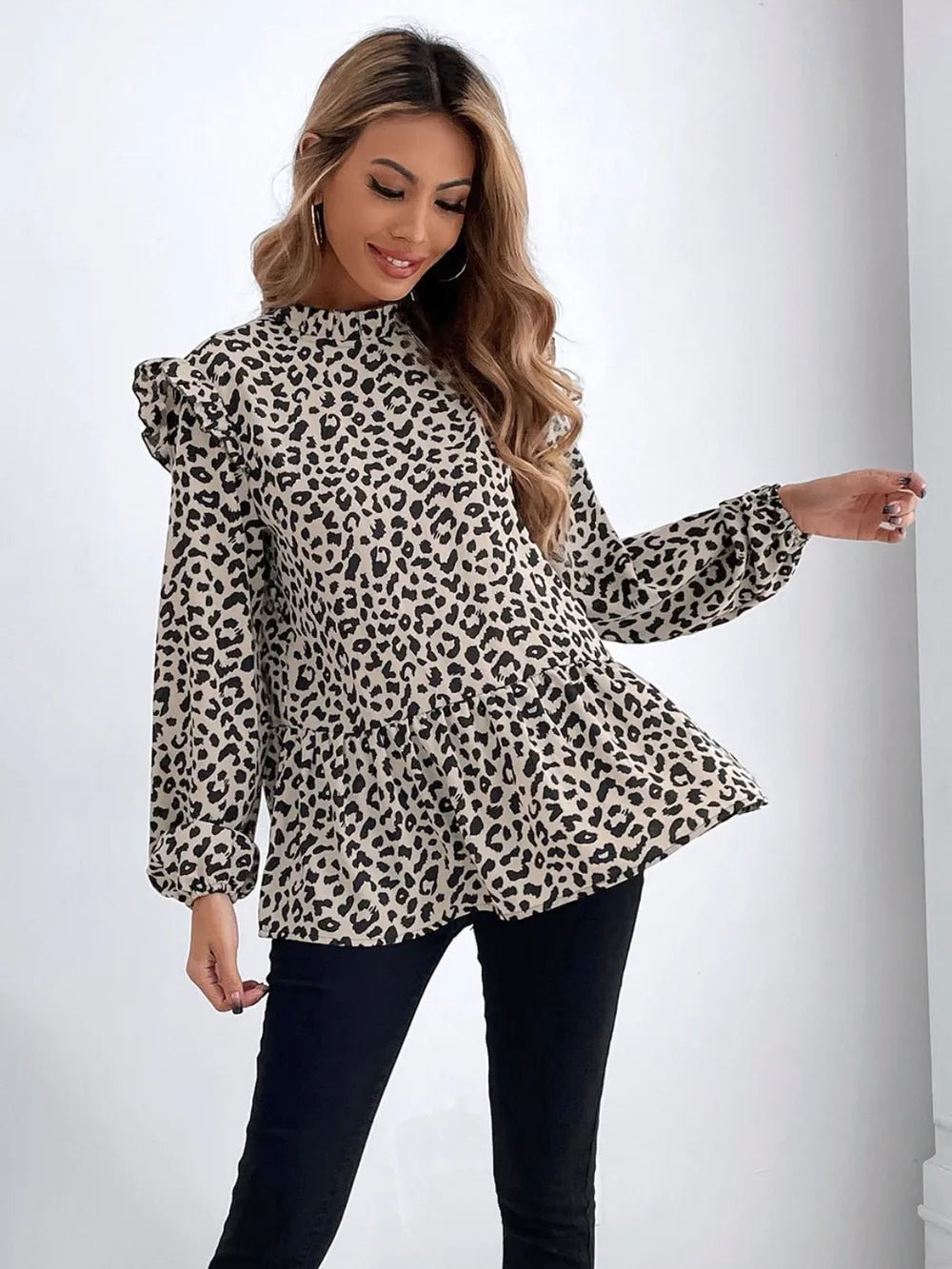 Ruffled Leopard Mock Neck Long Sleeve Blouse - TheMomCo.
