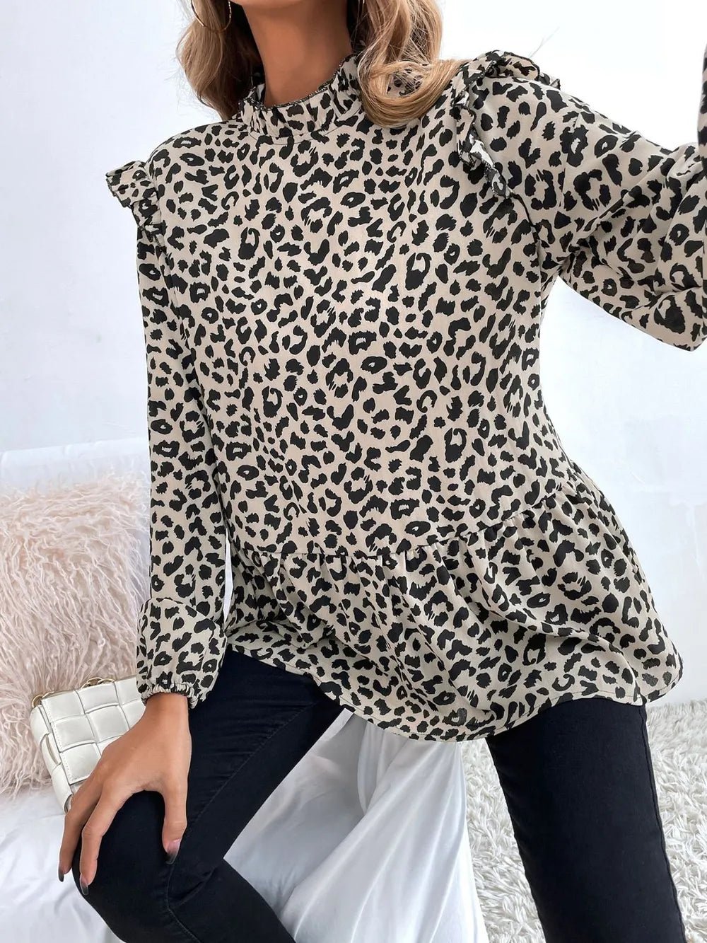 Ruffled Leopard Mock Neck Long Sleeve Blouse - TheMomCo.