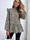 Ruffled Leopard Mock Neck Long Sleeve Blouse - TheMomCo.