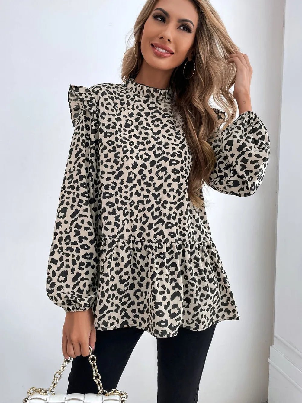 Ruffled Leopard Mock Neck Long Sleeve Blouse - TheMomCo.